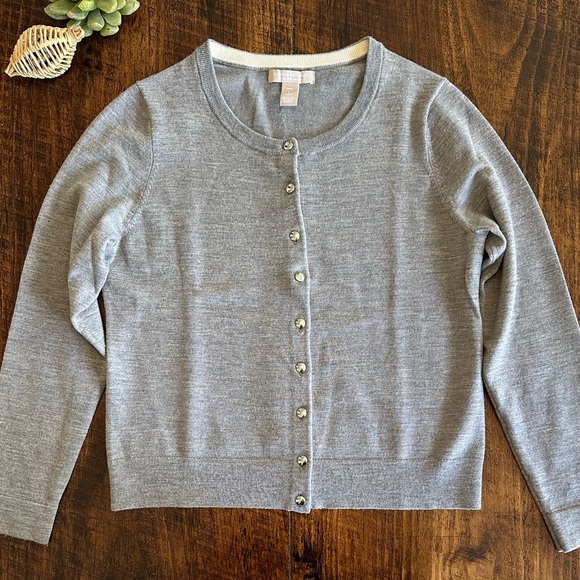 Banana Republic | Gray Merino Wool Blend Crewneck Button Up Cardigan, Size LP - Picture 2 of 7